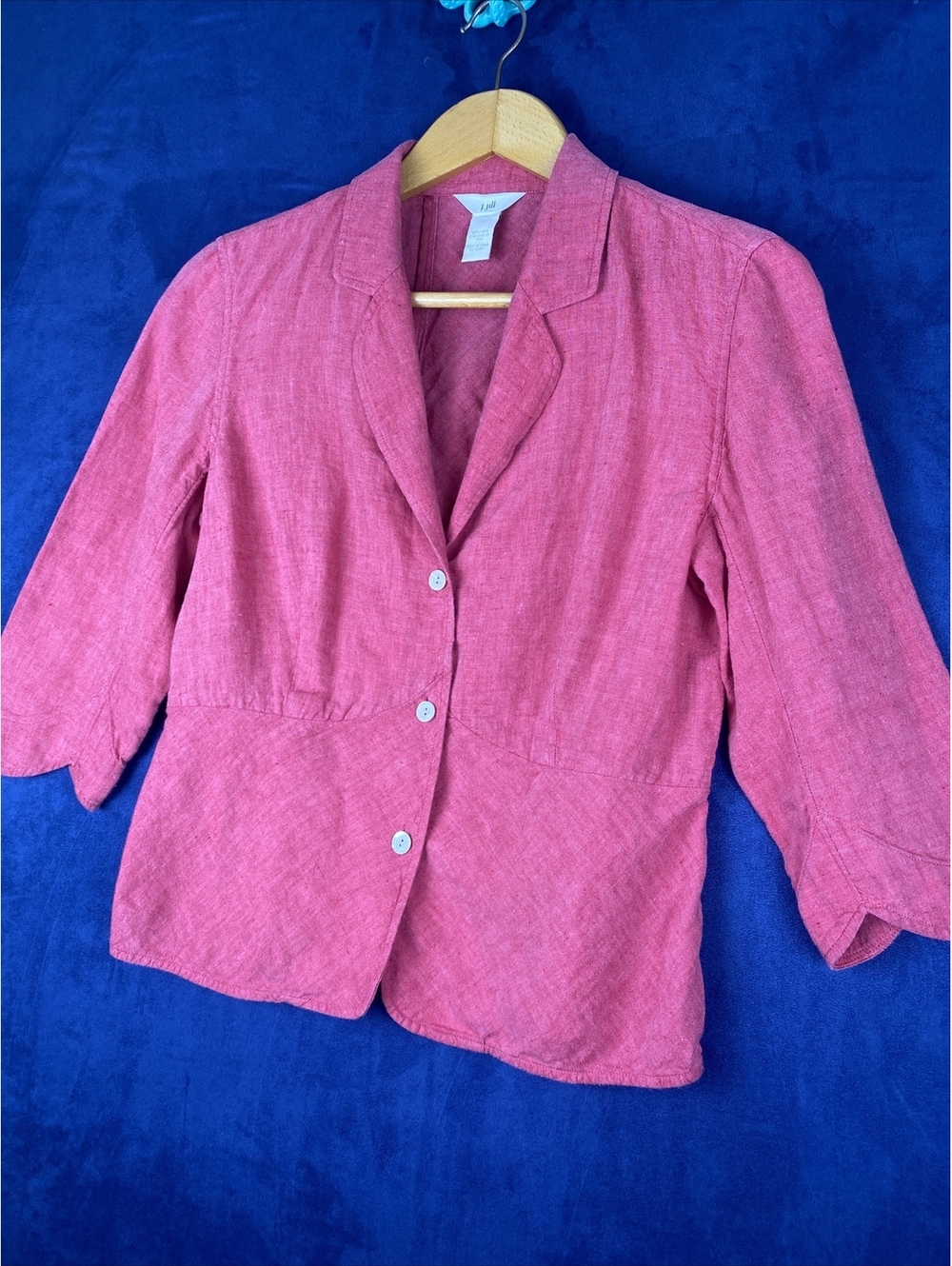 j Jill 100% linen three button peplum scalloped Blazer, sz 12, Red
